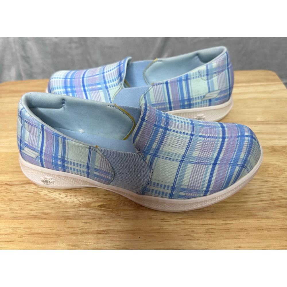 Skechers Womens Go Step Lite Vegan Plaid Slip On Sneakers 7 Washable Blue/Purple